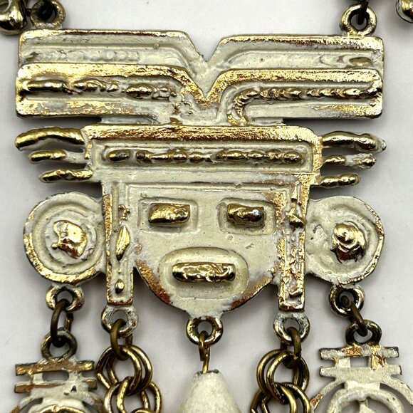 Vintage Sarah Cov Tribal Aztec White Enamel Large Pendant Necklace 36” - Picture 9 of 12